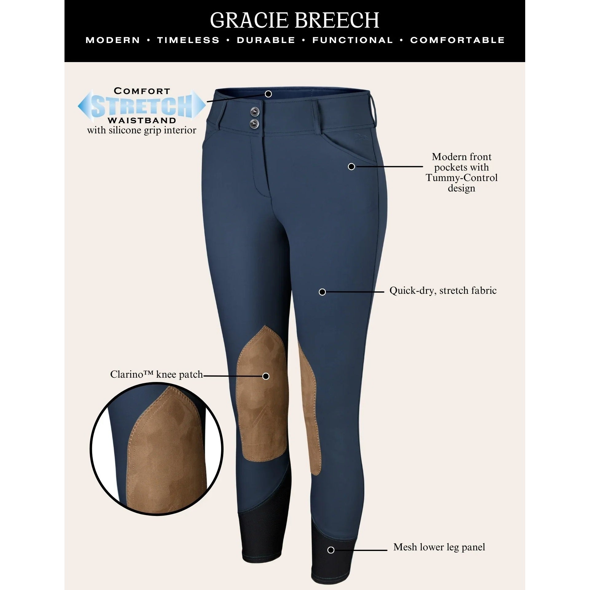 RJ Classics Women's Gracie Knee Patch Breech - Core Colors-3